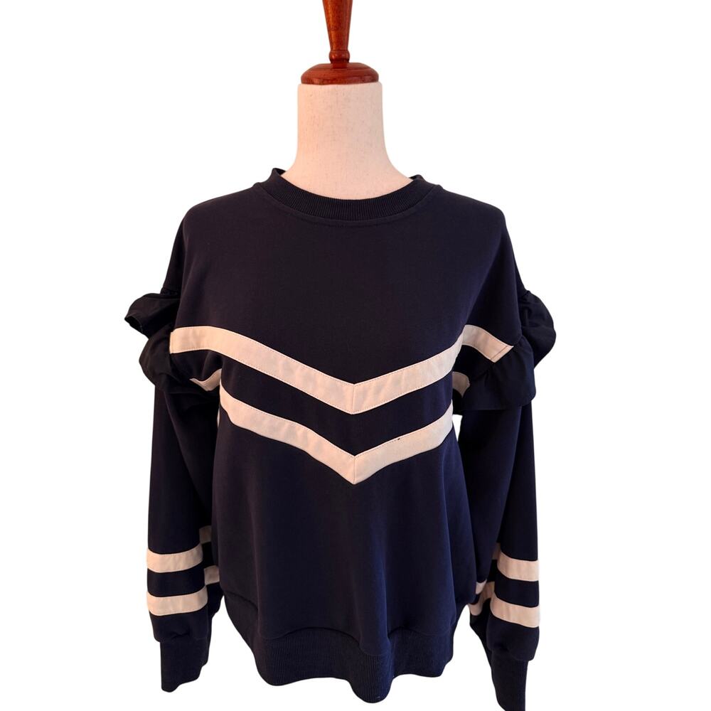 VOY Ruffle Sleeve Chevron Stripe Sweatshirt Navy White Size M